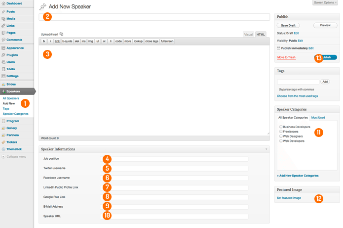 Speakers add-on admin screen — a speaker lineup grid displayed on a Tickera event page with photos, names and titles