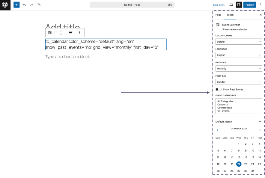 Tickera Event Calendar block in the WordPress editor — block sidebar shows color and behavior options next to a live month-view preview