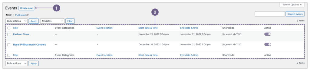 Events Listing block rendered on a Tickera site — a row of upcoming event cards with category and date filters above