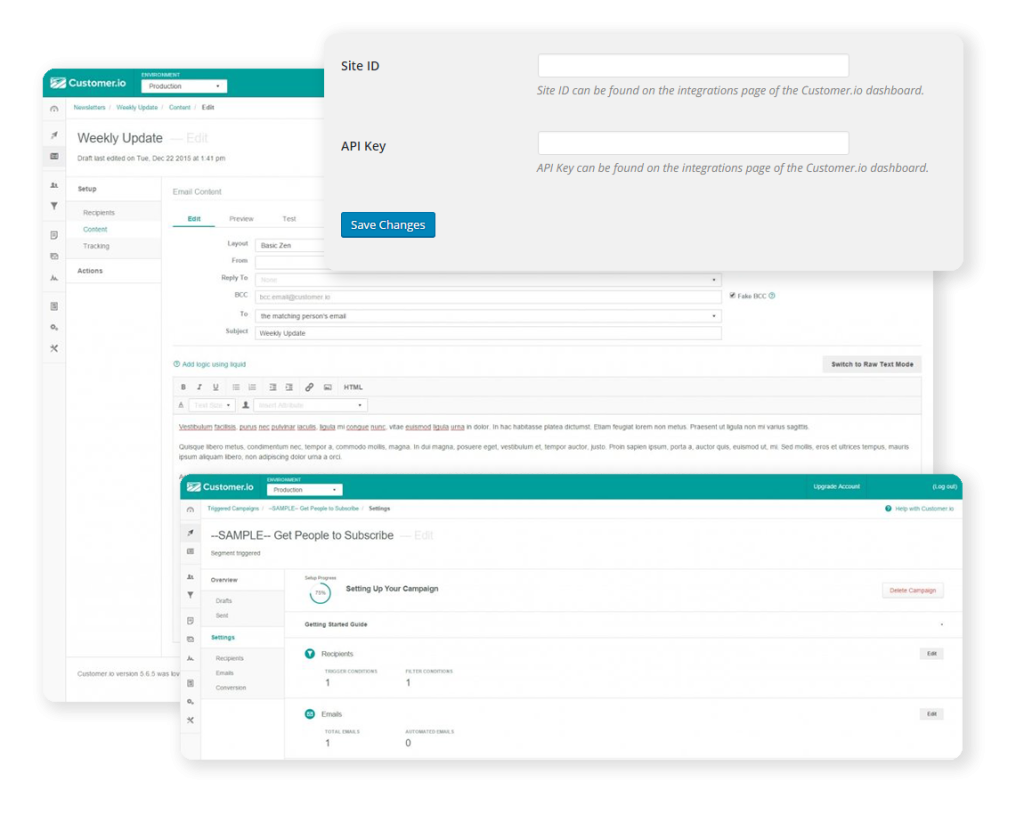 Customer Connect settings screen in the Tickera admin — Customer.io API credentials and field mapping