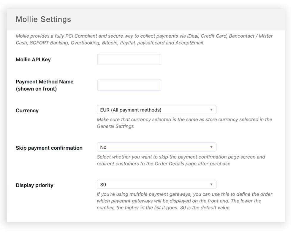Mollie Payment Gateway settings screen in Tickera admin — API key, test mode toggle, and a list of selectable payment methods